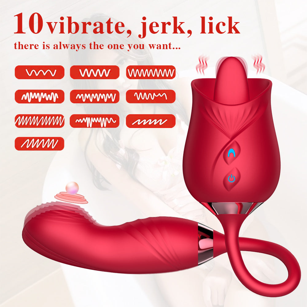 Licking Rose with Vibrating finger pod licking flower with g-spot massaging dildo